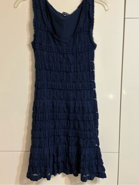 Sleeveless Navy Ruffle Knit Dress With Peekaboo Fabric Over Matching Lining